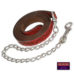 Wiskadero  8-foot horse red leather equine lead with custom Halo and Horns tooling, turquoise contrast stitching, and a silver chain and bolt snap clip. Detail of turquoise stitching.
