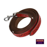 Wiskadero  8-foot horse Red leather equine lead with custom Halo and Horns tooling, turquoise contrast stitching, and a silver bolt snap clip. Detail of turquoise stitching color.