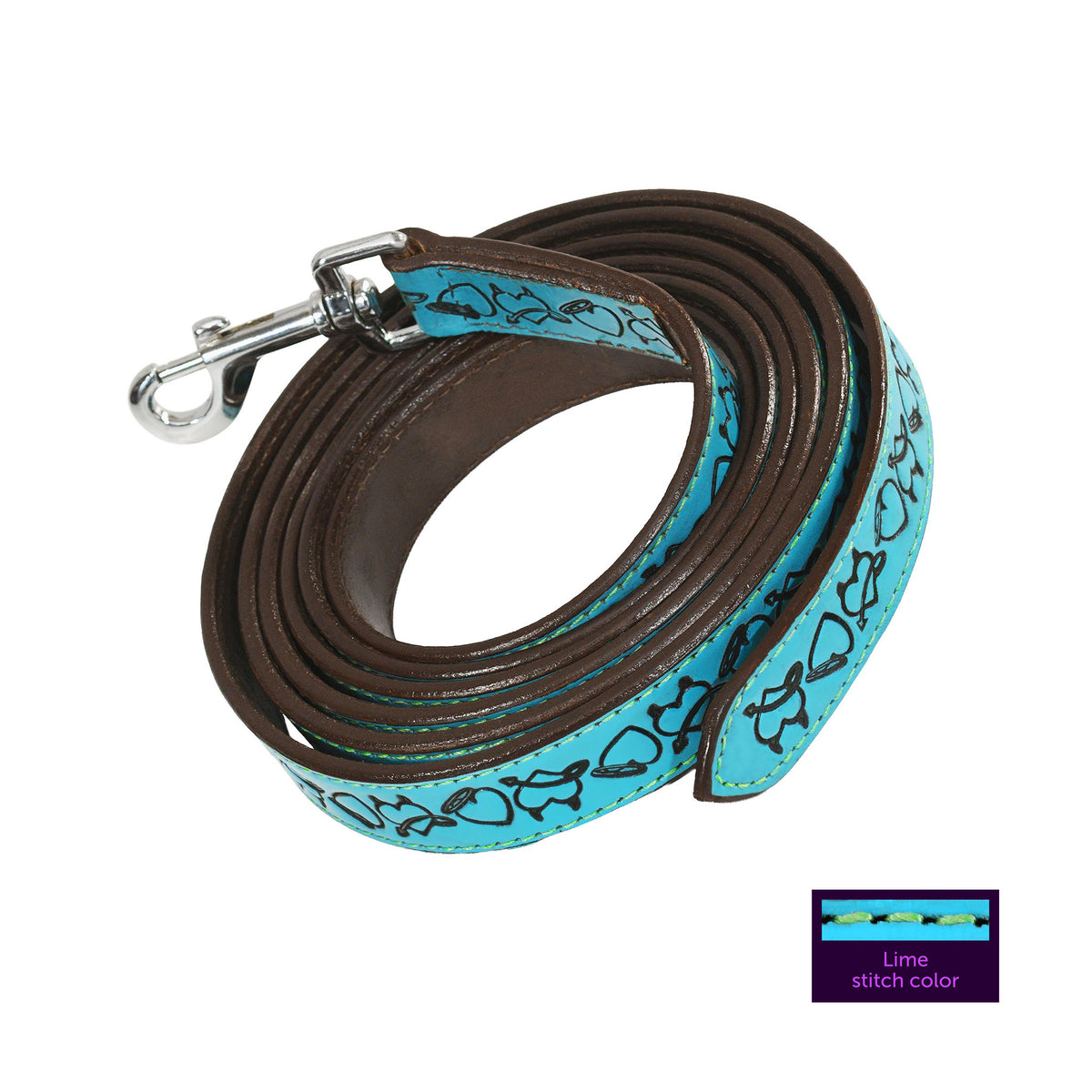 Wiskadero  8-foot horse Turquoise leather equine lead with custom Halo and Horns tooling, lime contrast stitching, and a silver bolt snap clip. Detail of lime stitching color.