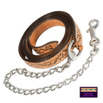 Wiskadero  8-foot horse tan leather equine lead with custom Halo and Horns tooling, turquoise contrast stitching, and a silver chain and bolt snap clip. Detail of turquoise stitching.