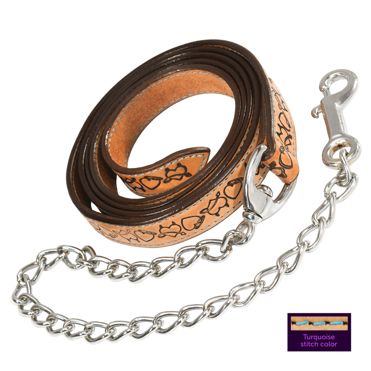 Wiskadero  8-foot horse tan leather equine lead with custom Halo and Horns tooling, turquoise contrast stitching, and a silver chain and bolt snap clip. Detail of turquoise stitching.