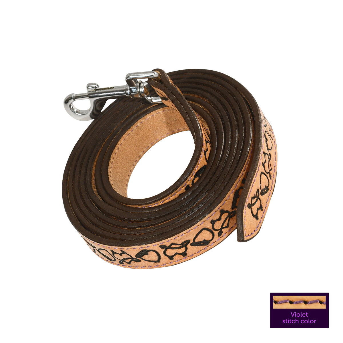 Wiskadero  8-foot horse tan leather equine lead with custom Halo and Horns tooling, violet contrast stitching, and a silver bolt snap clip. Detail of violet stitching color.