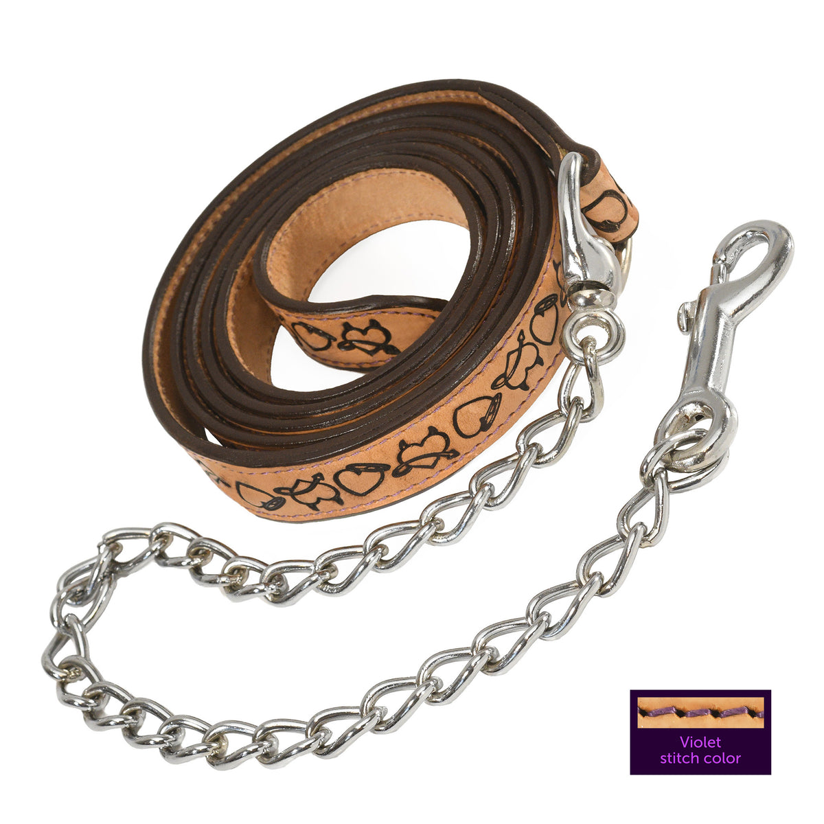 Wiskadero  8-foot horse tan leather equine lead with custom Halo and Horns tooling, violet contrast stitching, and a silver chain and bolt snap clip. Detail of violet stitching.