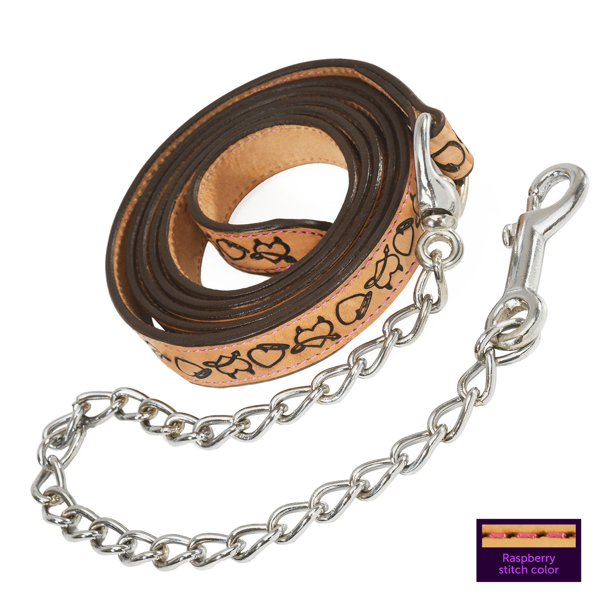 Wiskadero  8-foot horse tan leather equine lead with custom Halo and Horns tooling, raspberry contrast stitching, and a silver chain and bolt snap clip. Detail of raspberry stitching.