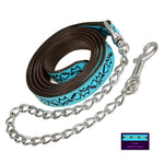 Wiskadero  8-foot horse turquoise leather equine lead with custom Halo and Horns tooling, lime contrast stitching, and a silver chain and bolt snap clip. Detail of lime stitching.