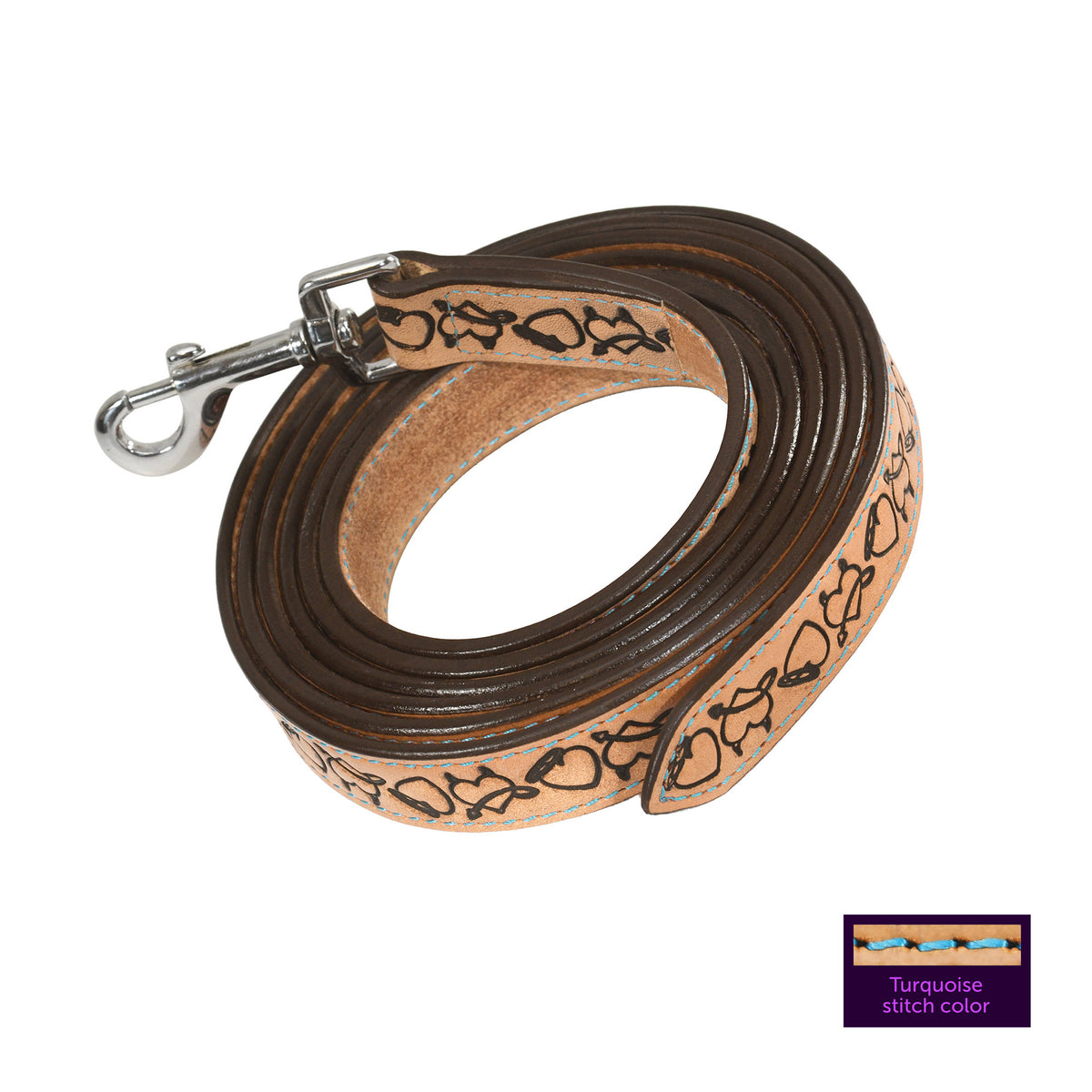 Wiskadero  8-foot horse tan leather equine lead with custom Halo and Horns tooling, turquoise contrast stitching, and a silver bolt snap clip. Detail of turquoise stitching color.