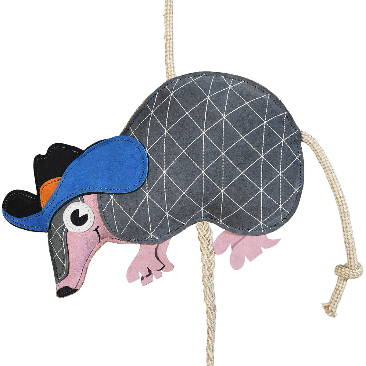 ArmaDillio equine boredom buster toy. Highlights the gray diamond-patterned suede body with blue cowboy hat, pink snout and feet, pull-through braided natural rope, and top hanging loop.