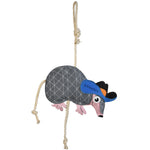 Full back view of the Wiskadero ArmaDillio equine boredom buster toy. Highlights the gray diamond-stitched suede body, blue cowboy hat with the Wiskadero logo, pink snout and feet, natural rope tail and pull-through braid, and top hanging loop.