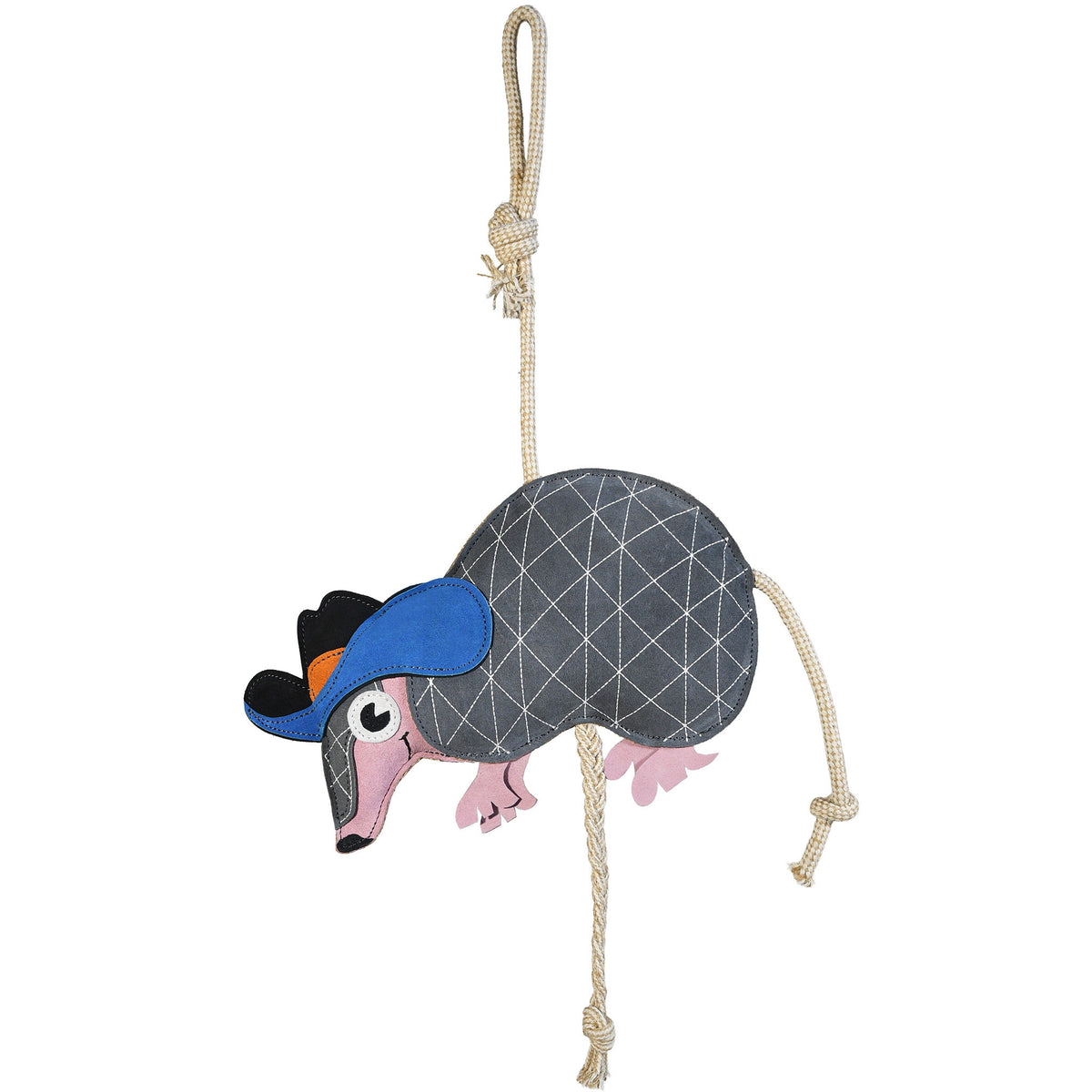 ArmaDillio equine boredom buster toy. Highlights the gray diamond-patterned suede body with blue cowboy hat, pink snout and feet, pull-through braided natural rope, and top hanging loop.