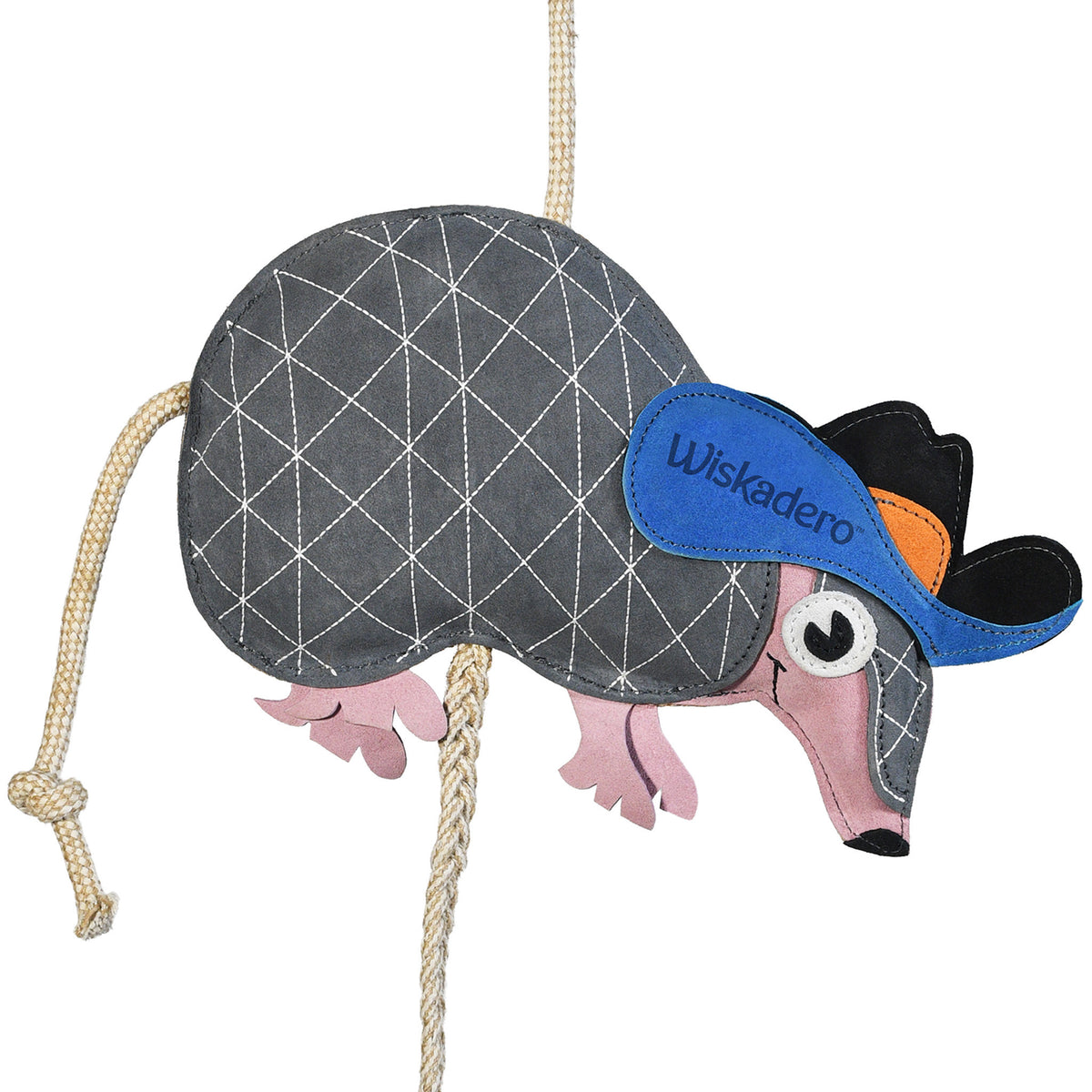Close-up back view of the Wiskadero ArmaDillio toy showing the gray diamond-stitched suede body, blue cowboy hat stamped with the Wiskadero logo, pink snout and feet, and natural pull-through rope.