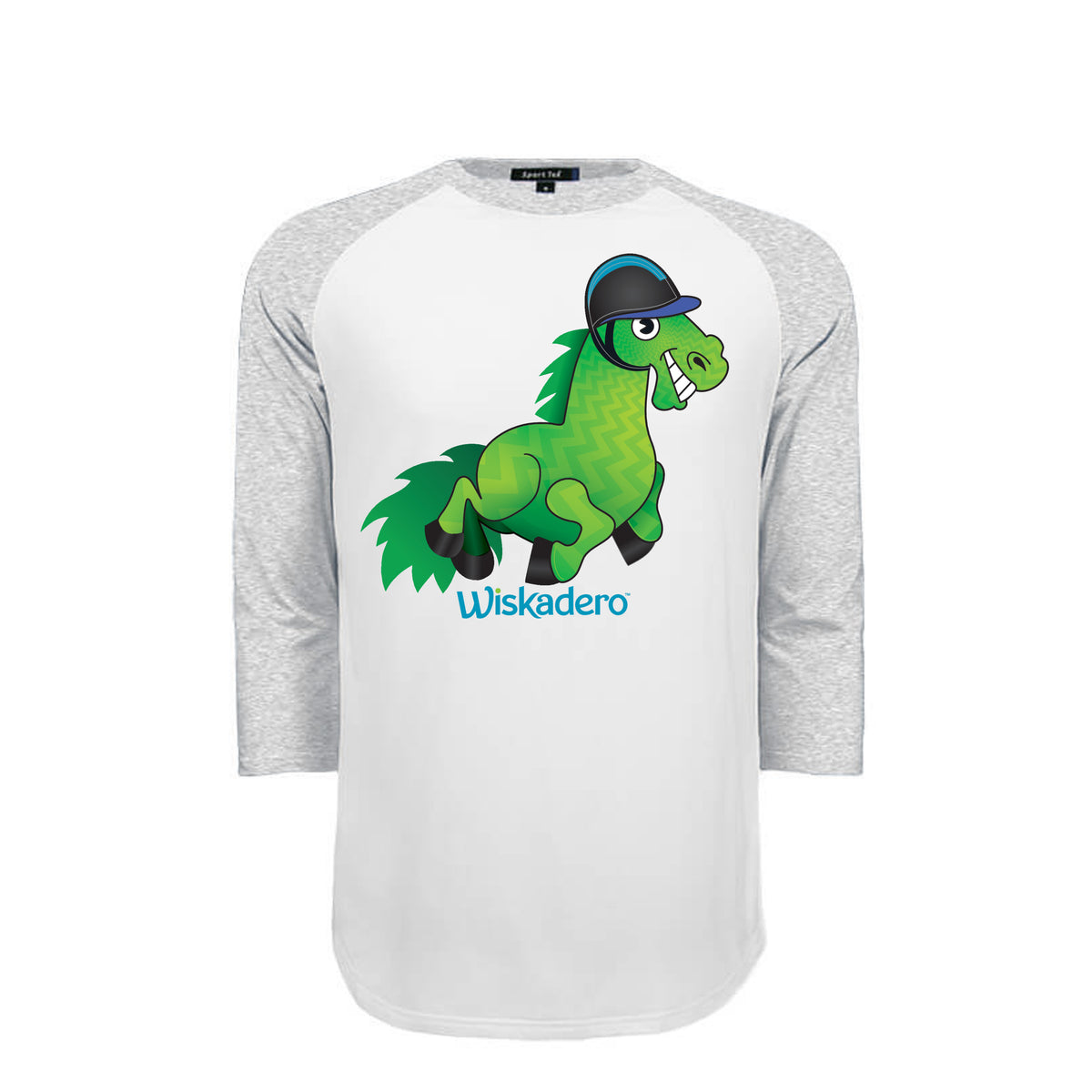 A 3/4 sleeve raglan baseball t-shirt with a white body and gray sleeves, featuring a cartoon graphic of a green horse wearing a riding helmet with the text 'Wiskadero' printed below it.