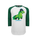 A 3/4 sleeve raglan baseball t-shirt with a white body and dark green sleeves, featuring a cartoon graphic of a green horse wearing a riding helmet with the text 'Wiskadero' printed below it.
