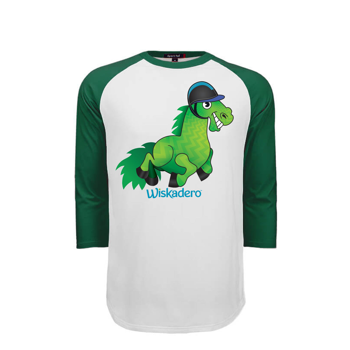 A 3/4 sleeve raglan baseball t-shirt with a white body and dark green sleeves, featuring a cartoon graphic of a green horse wearing a riding helmet with the text 'Wiskadero' printed below it.