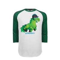 A 3/4 sleeve raglan baseball t-shirt with a white body and dark green sleeves, featuring a cartoon graphic of a green horse wearing a riding helmet with the text 'Wiskadero' printed below it.