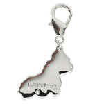Back view of the Wiskadero Baby Green bridle charm showcasing a polished silver-toned finish with the engraved Wiskadero logo, a clear faceted cubic zirconia accent stone set below the TM mark, and a top silver lobster clasp.