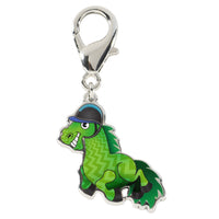 Front view of the Wiskadero Baby Green bridle charm featuring an enameled green cartoon horse wearing a black and blue English riding helmet, attached to a silver-tone lobster clasp.