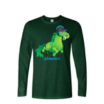 A deep green long sleeve t-shirt , featuring a cartoon graphic of a green horse wearing a riding helmet with the text 'Wiskadero' printed below it.