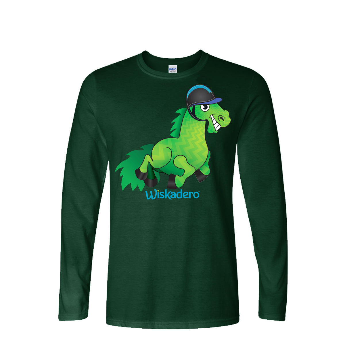 A deep green long sleeve t-shirt , featuring a cartoon graphic of a green horse wearing a riding helmet with the text 'Wiskadero' printed below it.