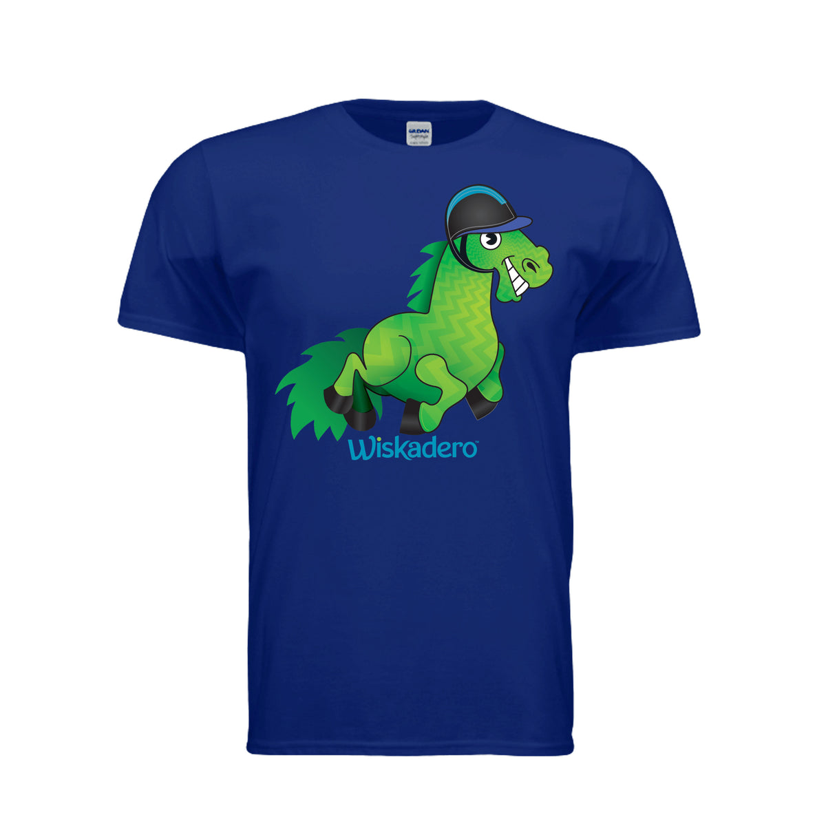 A deep royal blue short-sleeve t-shirt featuring a cartoon graphic of a green horse wearing a black helmet, with the text 'Wiskadero' printed below in light blue, displayed on a solid white background.