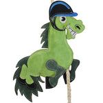 Close-up front view of the Wiskadero Baby Green toy showing the green suede colt wearing a black and blue equestrian helmet, white suede eyes, dark green stitched mane, black hooves, and natural pull-through braided rope.