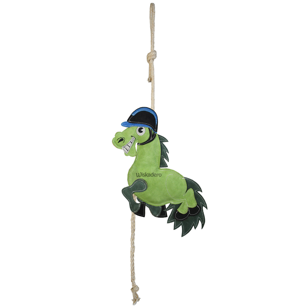Full back view of the Wiskadero Baby Green equine boredom buster toy. Highlights the green suede colt stamped with the Wiskadero logo, wearing a black and blue riding helmet, dark green mane and tail, black hooves, pull-through braided natural rope, and top hanging loop.