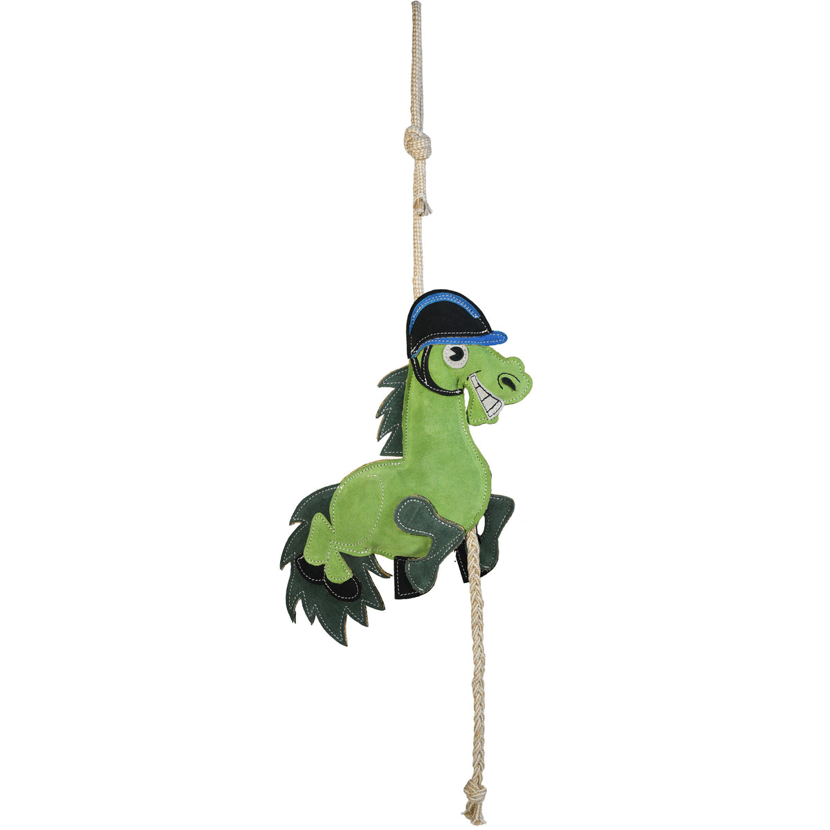 Full front view of the Wiskadero Baby Green equine boredom buster toy. Highlights the green suede colt wearing a black and blue riding helmet, dark green mane and tail, black hooves, pull-through braided natural rope, and top hanging loop.