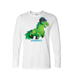 A white long sleeve t-shirt , featuring a cartoon graphic of a green horse wearing a riding helmet with the text 'Wiskadero' printed below it.