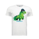 A white short-sleeve crewneck t-shirt featuring a cartoon graphic of a green horse wearing a black helmet, with the text 'Wiskadero' printed below in blue, displayed on a clean white background.