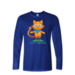 Front view of a deep royal short sleeve t-shirt featuring a graphic of an orange striped tabby cat standing in muck boots with green trim, wearing a bright blue bandana, with green and blue "Wiskadero Barn Cat" text below.