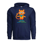 Front view of a deep navy blue pullover hoodie featuring a graphic of an orange striped tabby cat standing in muck boots with green trim, wearing a bright blue bandana, with green and blue "Wiskadero Barn Cat" text below.