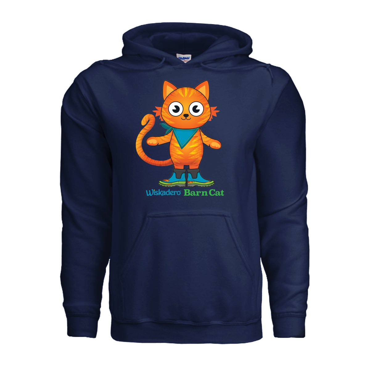 Front view of a deep navy blue pullover hoodie featuring a graphic of an orange striped tabby cat standing in muck boots with green trim, wearing a bright blue bandana, with green and blue "Wiskadero Barn Cat" text below.