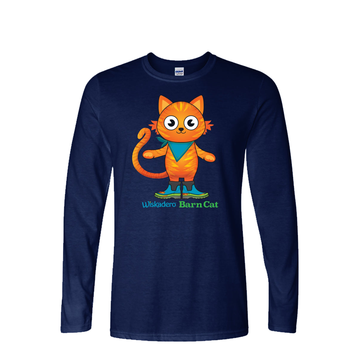 Front view of a deep navy long sleeve t-shirt featuring a graphic of an orange striped tabby cat standing in muck boots with green trim, wearing a bright blue bandana, with green and blue "Wiskadero Barn Cat" text below.