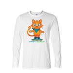 Front view of a white long sleeve t-shirt featuring a graphic of an orange striped tabby cat standing in muck boots with green trim, wearing a bright blue bandana, with green and blue "Wiskadero Barn Cat" text below.