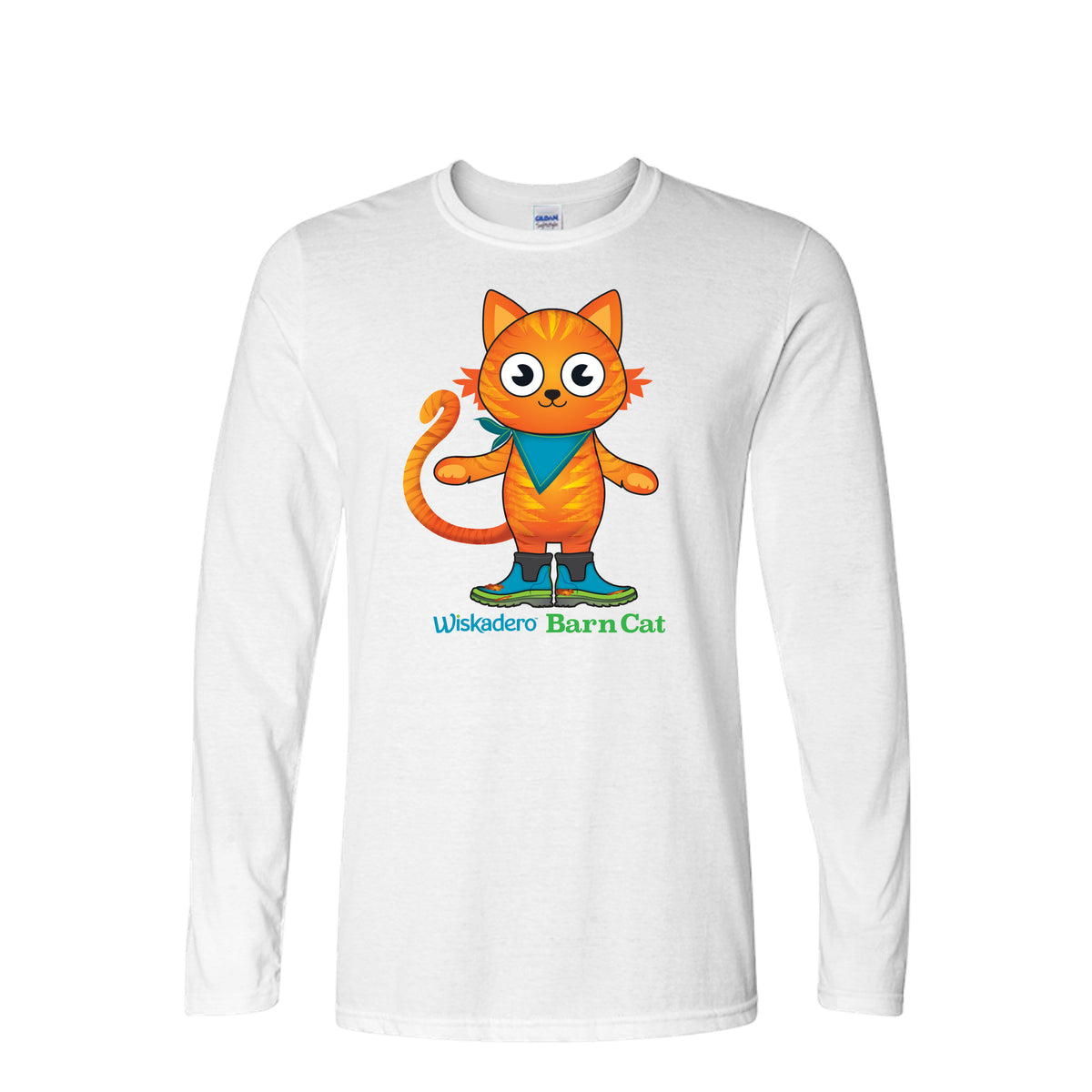 Front view of a white long sleeve t-shirt featuring a graphic of an orange striped tabby cat standing in muck boots with green trim, wearing a bright blue bandana, with green and blue "Wiskadero Barn Cat" text below.