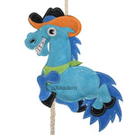 Enlarged back detail view of the Wiskadero Barrel Buddy equine boredom buster toy. Showcases the stamped Wiskadero logo on the turquoise suede flank, orange cowboy hat, bright blue mane and tail, and natural rope pull-through body construction.