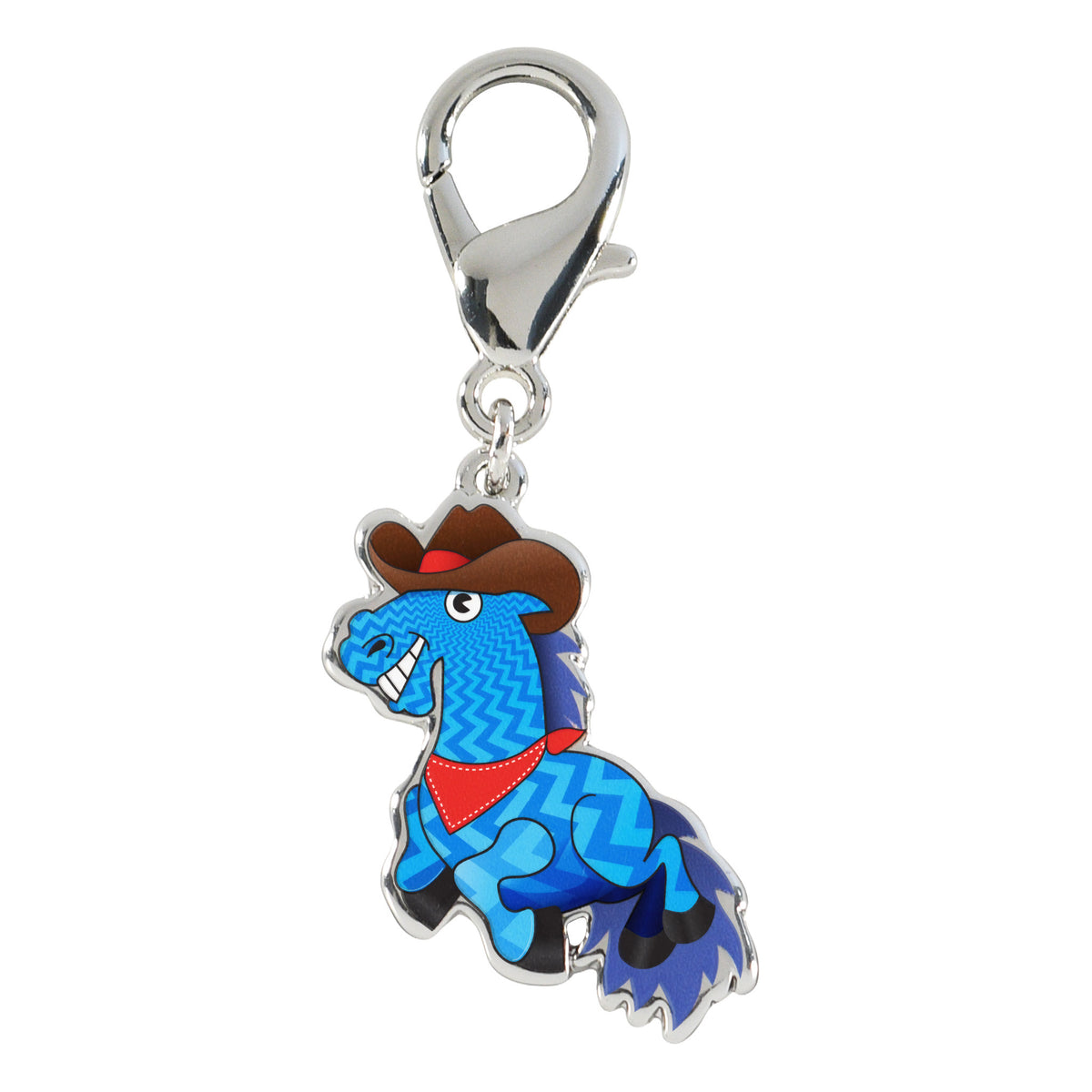 Front view of the Wiskadero Barrel Buddy bridle charm featuring an enameled blue cartoon horse wearing a brown cowboy hat and red bandana, attached to a silver-tone lobster clasp.