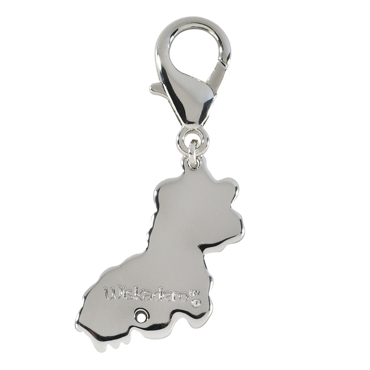 Back view of the Wiskadero Barrel Buddy bridle charm showcasing a polished silver-toned finish with the engraved Wiskadero logo, a clear faceted cubic zirconia accent stone set below the TM mark, and a top silver lobster clasp.
