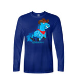 A Deep Royal Blue long short-sleeve crewneck t-shirt featuring a colorful graphic of a blue cartoon horse wearing a brown cowboy hat and red bandana, with the text 'Wiskadero' printed below.
