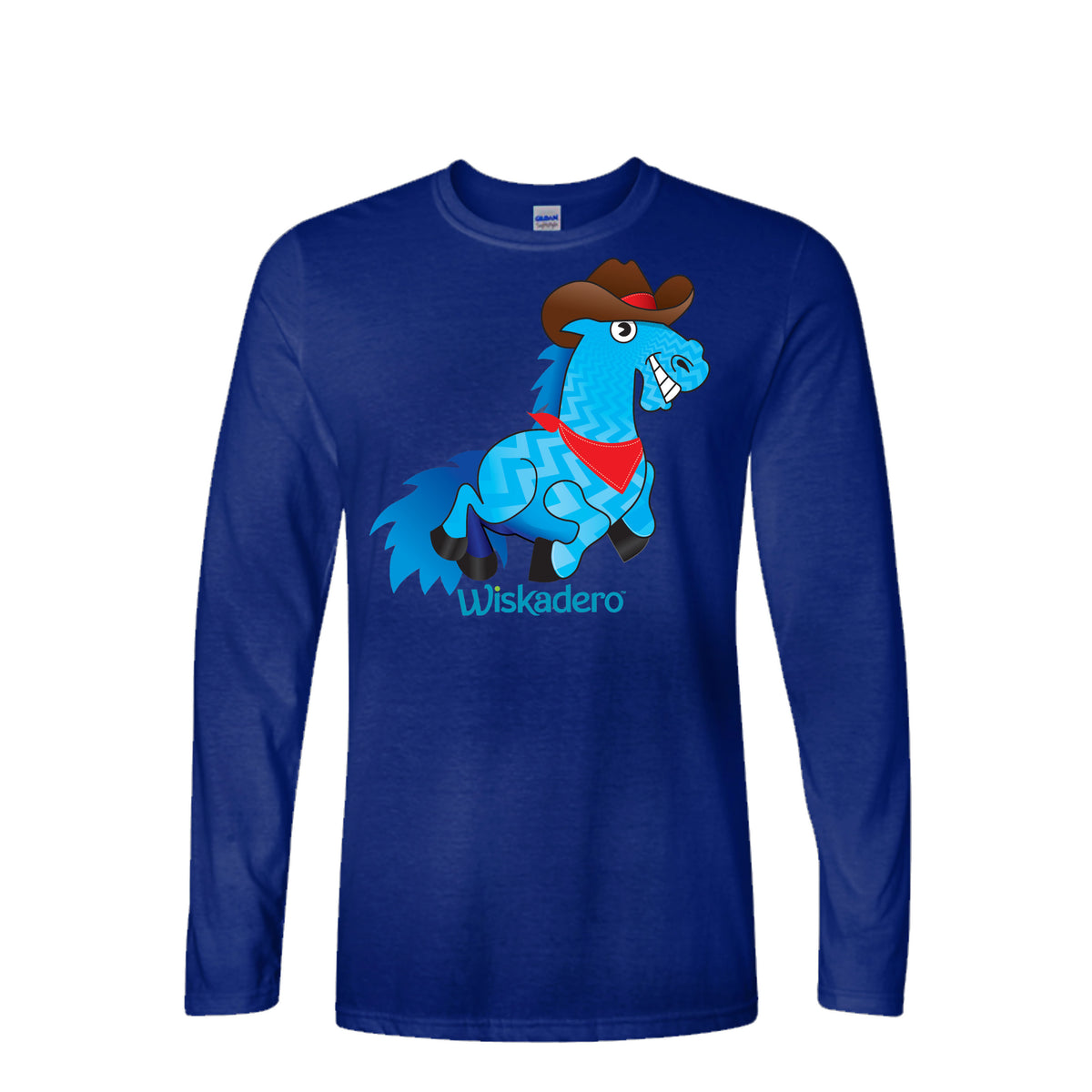 A Deep Royal Blue long short-sleeve crewneck t-shirt featuring a colorful graphic of a blue cartoon horse wearing a brown cowboy hat and red bandana, with the text 'Wiskadero' printed below.