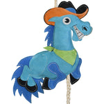 Enlarged front detail view of the Wiskadero Barrel Buddy equine boredom buster toy. Highlights the turquoise suede body, orange cowboy hat, lime green bandana, detailed stitching, and natural rope pull-through body section.