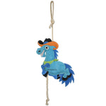 Full back view of the Wiskadero Barrel Buddy equine boredom buster toy. Highlights the turquoise suede body stamped with the Wiskadero logo, orange cowboy hat, blue mane and tail accents, and natural rope top loop and braid tail.