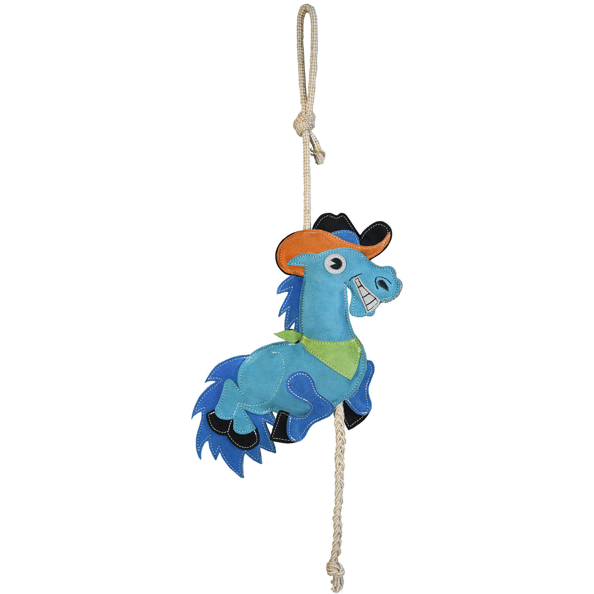 Wiskadero Barrel Buddy equine boredom buster toy in full front view. Features a turquoise, blue, black, and white suede horse wearing an orange cowboy hat and lime green bandana, with a top rope hanging loop and bottom braided rope.