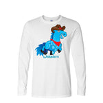 A White long short-sleeve crewneck t-shirt featuring a colorful graphic of a blue cartoon horse wearing a brown cowboy hat and red bandana, with the text 'Wiskadero' printed below.