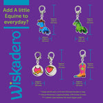 Wiskadero charm size comparison chart on a purple background displaying height and width dimensions for Barrel Buddy, Baby Green, Halo and Horns, and Cowboy Boot bridle charms.
