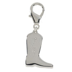 Back view of the Wiskadero Cowboy Up bridle charm showing the polished silver-toned finish with the engraved Wiskadero logo, a clear faceted cubic zirconia accent stone set near the logo, and a top silver lobster clasp.