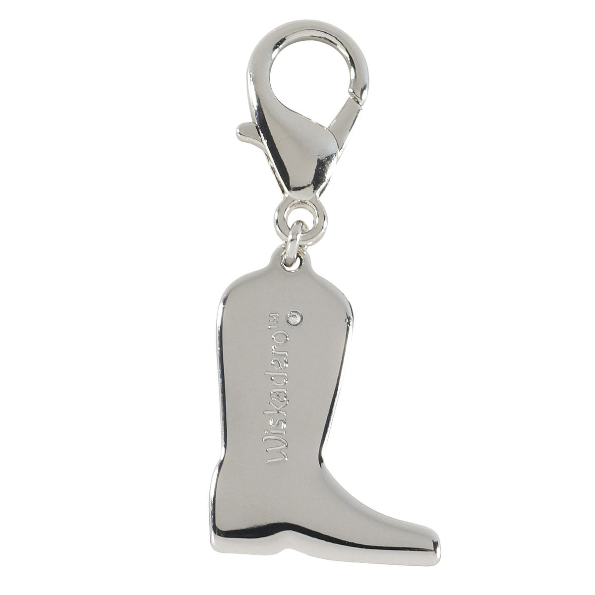 Back view of the Wiskadero Cowboy Up bridle charm showing the polished silver-toned finish with the engraved Wiskadero logo, a clear faceted cubic zirconia accent stone set near the logo, and a top silver lobster clasp.
