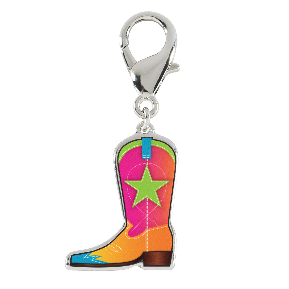 Front view of the Wiskadero Cowboy Up bridle charm featuring a colorful enameled cowboy boot with a lime green star, pink-to-orange gradient shaft, orange vamp, and turquoise toe, attached to a silver-tone lobster clasp.