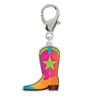 Front view of the Wiskadero Cowboy Up bridle charm featuring a colorful enameled cowboy boot with a lime green star, pink-to-orange gradient shaft, orange vamp, and turquoise toe, attached to a silver-tone lobster clasp.