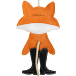 Close-up back view of the Wiskadero Fox Hunt toy showing the orange and white suede fox body stamped with the Wiskadero logo, sleek black English riding boots, and pull-through natural rope tail.