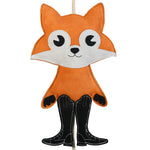 Close-up front view of the Wiskadero Fox Hunt toy showing the orange and white suede fox head with black eyes, black suede paws, sleek black English riding boots, and natural pull-through rope tail.